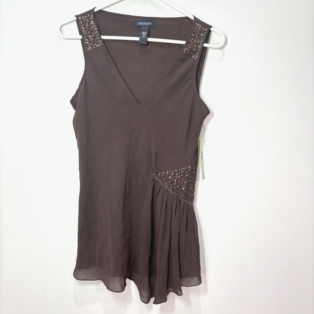 Y2K 100% Silk Top M Chocolate Brown Sequined Boho Glam Indie Fairy NWT